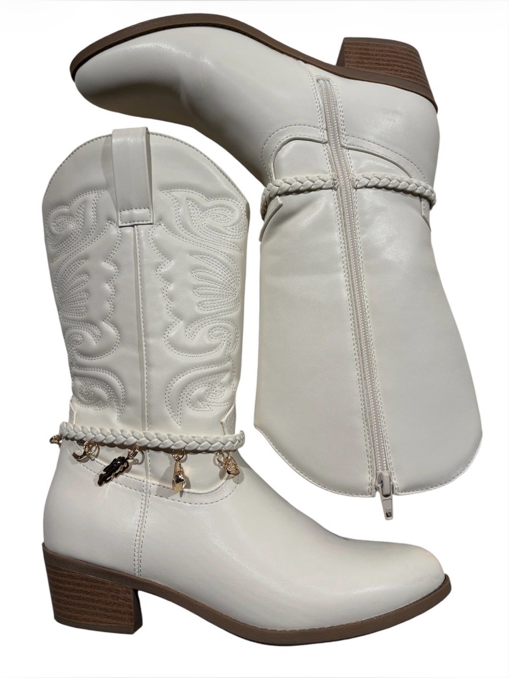 Women’s Cream Embroidered Western Ankle Boots with Braided Strap